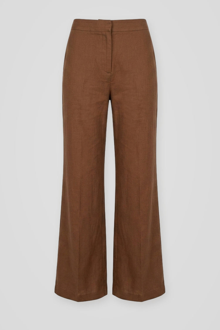 Pantaloni a gamba svasata misto lino cioccolato