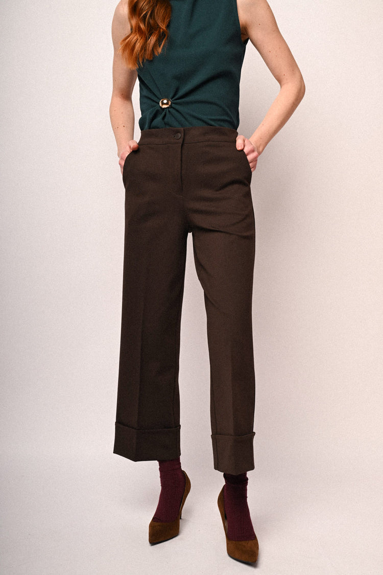 Pantaloni palazzo con risvolto testa di moro