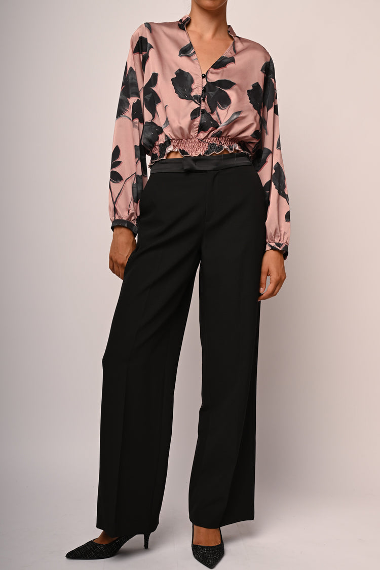 Pantaloni palazzo con cinta in raso