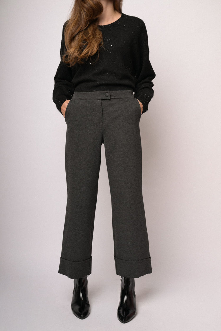 Pantaloni palazzo cropped grigi antracite con risvolto