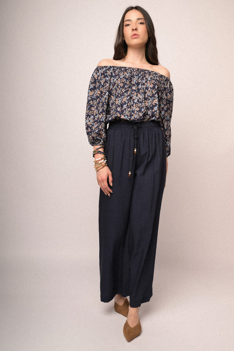 Pantaloni palazzo in viscosa blu con vita elasticizzata