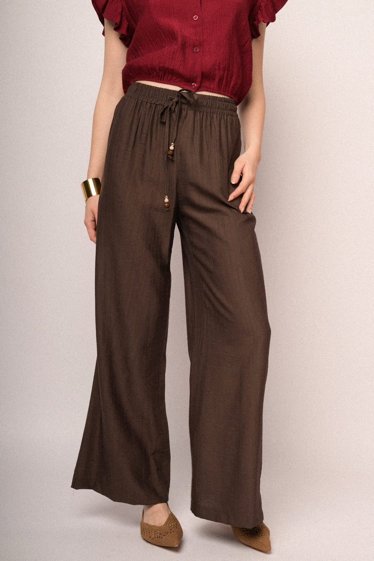 Pantaloni palazzo in viscosa cioccolato con vita elasticizzata