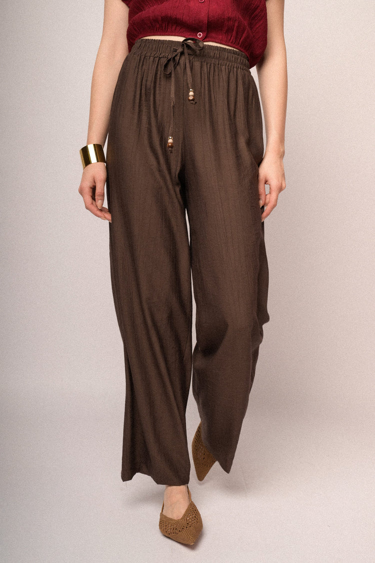 Pantaloni palazzo in viscosa cioccolato con vita elasticizzata