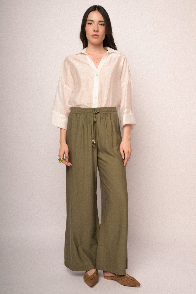 Pantaloni palazzo in viscosa oliva con vita elasticizzata