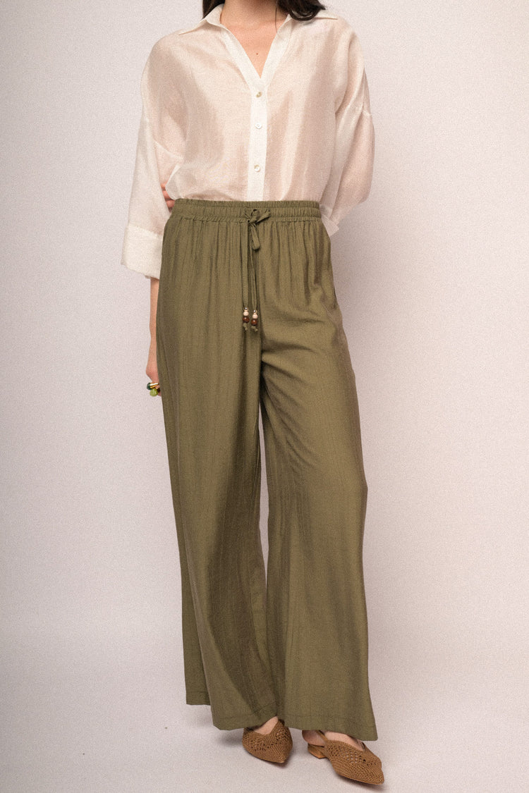 Pantaloni palazzo in viscosa oliva con vita elasticizzata