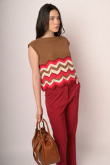 Top in maglia marrone con righe zig-zag multicolor