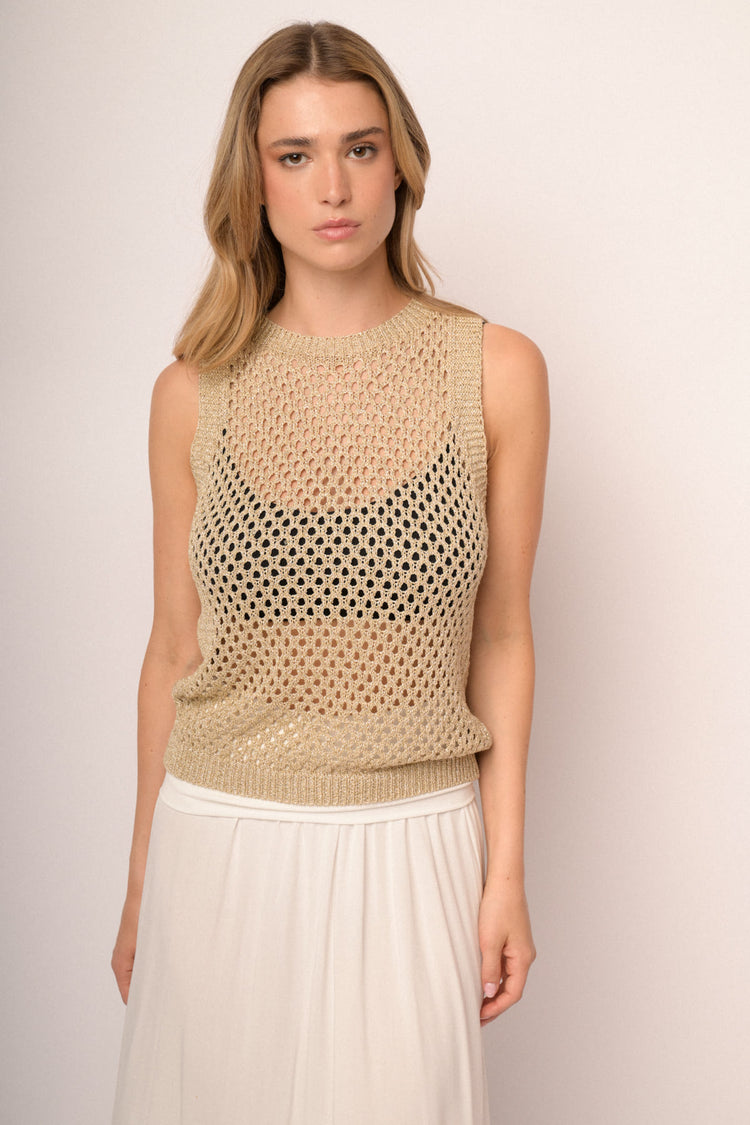 Maglia traforata smanicata lurex
