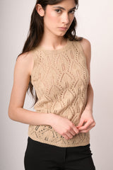 Top in maglia crochet beige