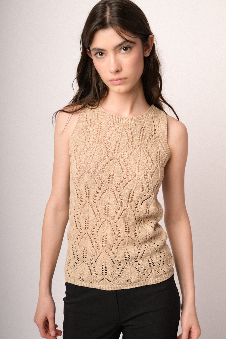 Top in maglia crochet beige