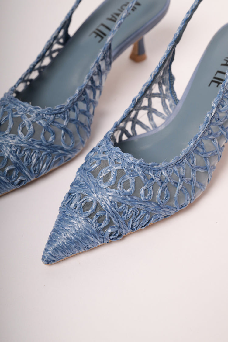 Slingback affusolate in rafia blu denim