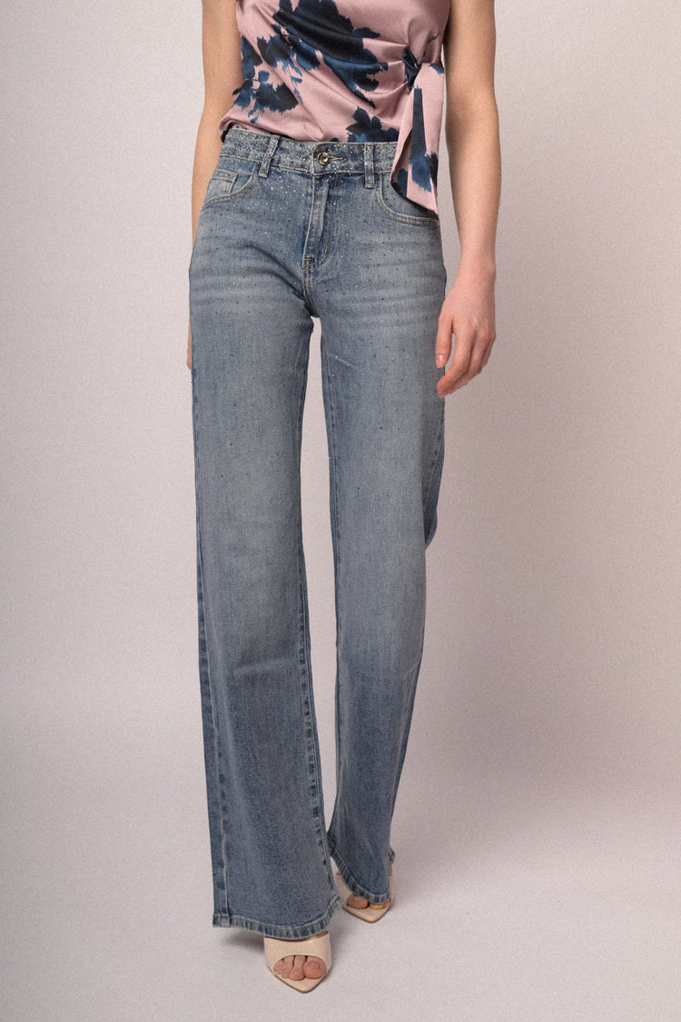 Jeans wide-leg azzurri con decorazione strass
