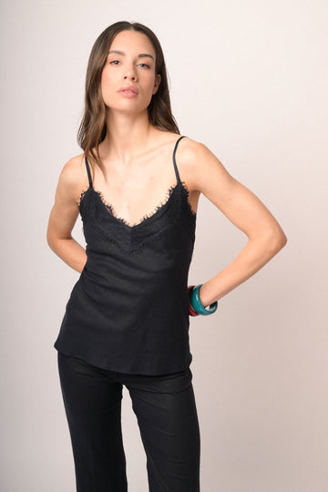 Top con pizzo misto lino blu notte