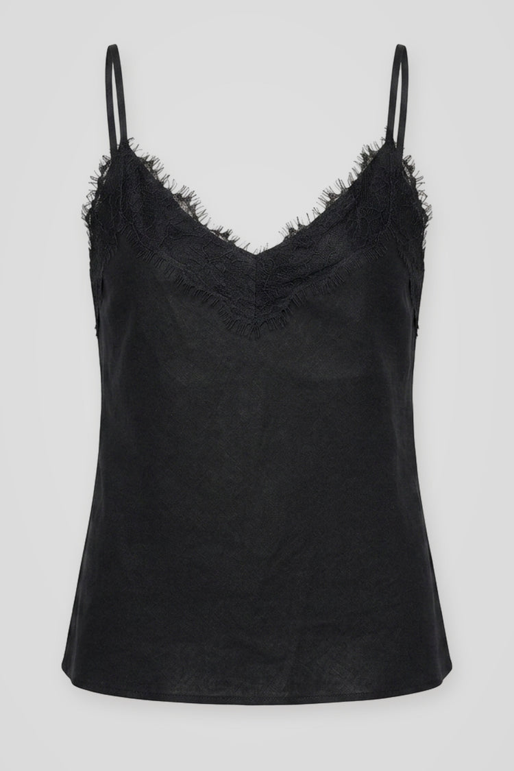 Top con pizzo misto lino blu notte