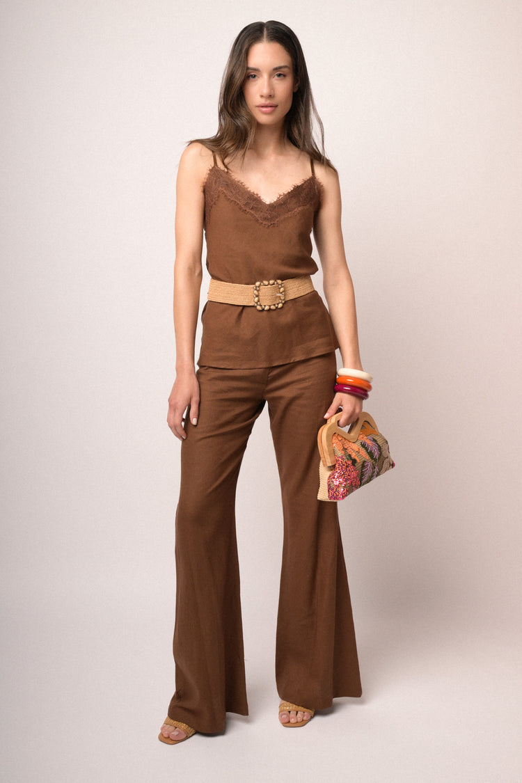 Top con pizzo misto lino cioccolato
