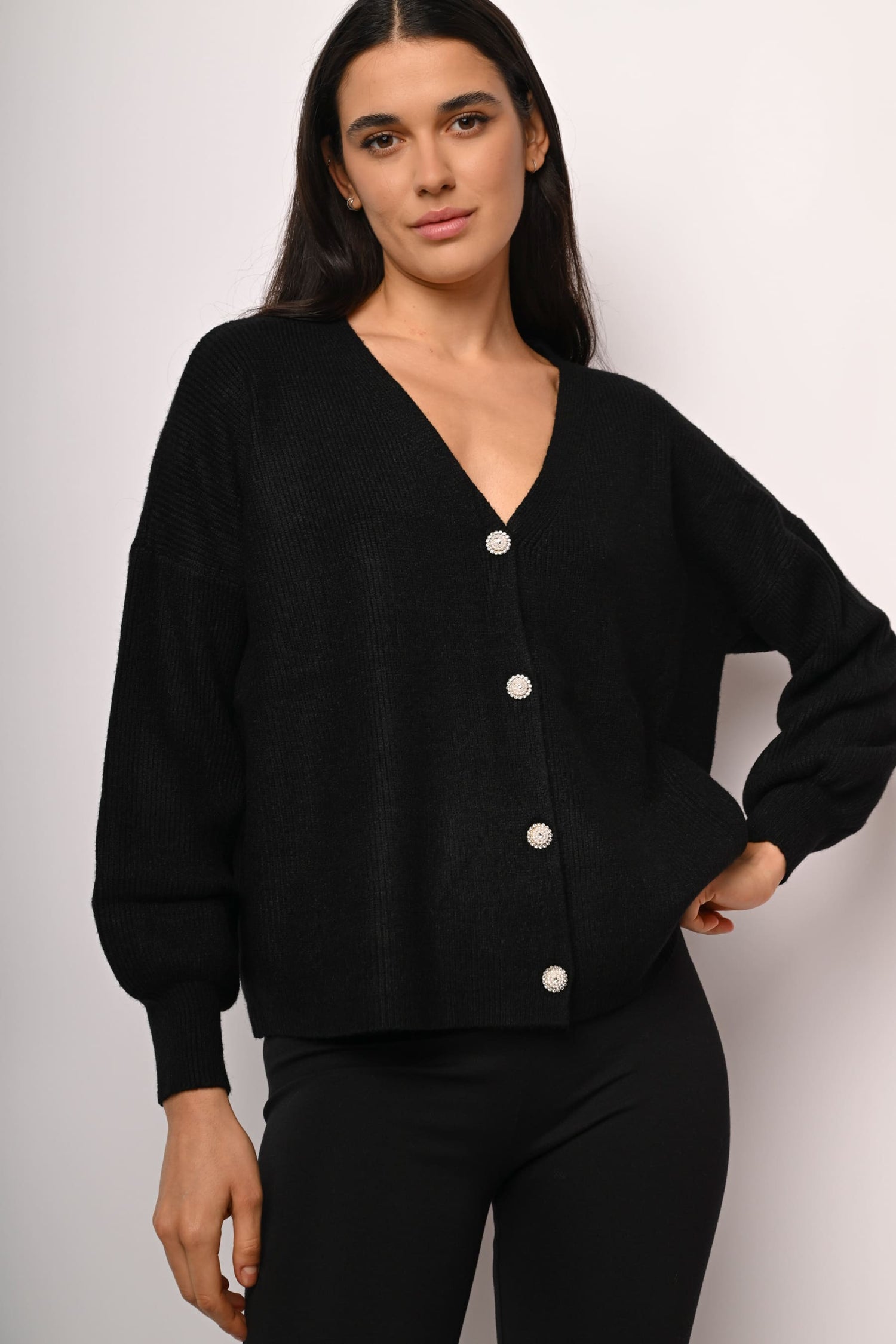 Cardigan coreana con bottoni strass Donna, Nero | Milano Cardigan coreana con bottoni strass Donna, Nero | Milano