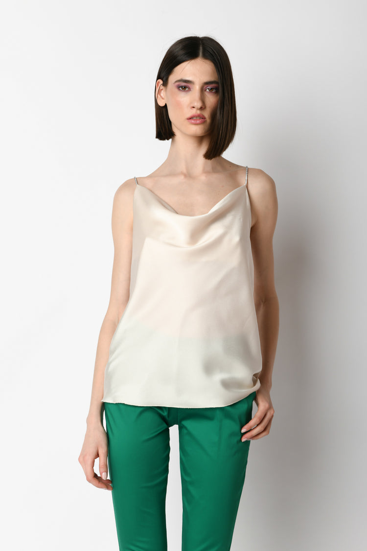 Top in raso con spalline in strass