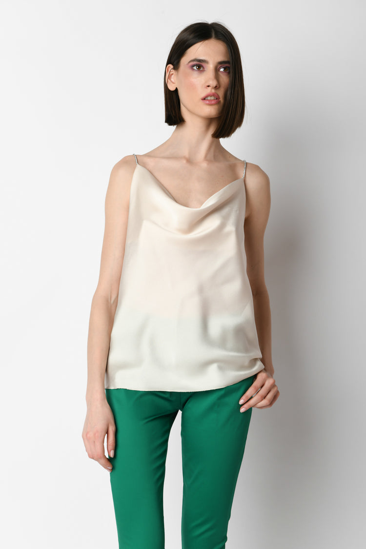 Top in raso con spalline in strass