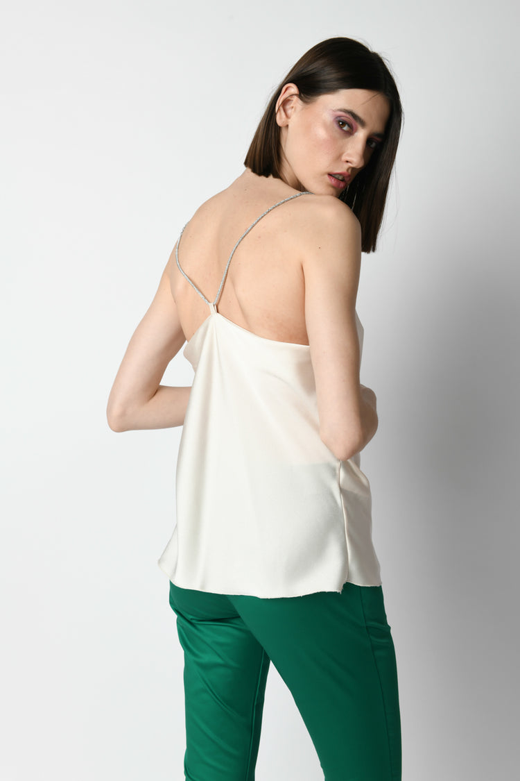 Top in raso con spalline in strass