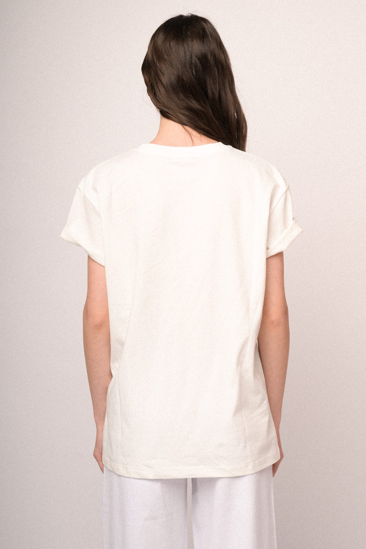 T-shirt in cotone bianco con scritta ricamata