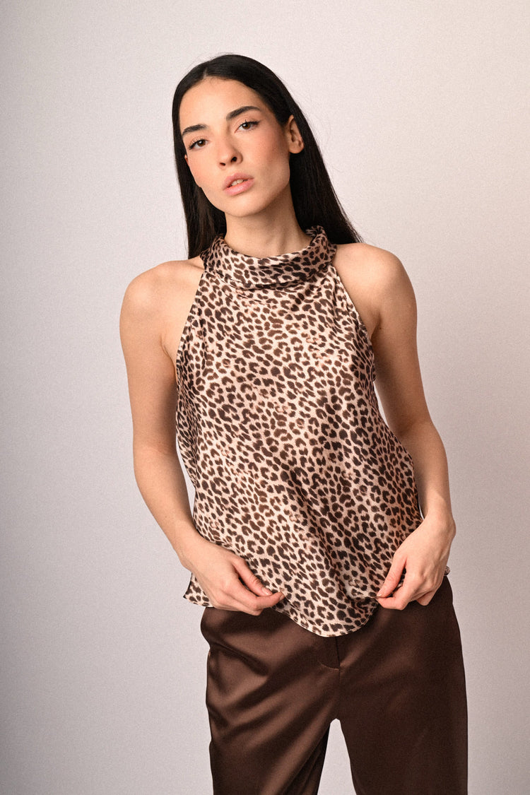 Top in raso a stampa animalier