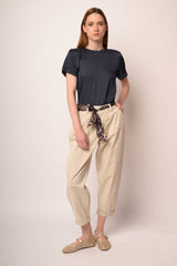 Pantaloni baggy in cotone beige con cintura-foulard