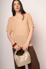Pull a mezze maniche in maglia lurex beige