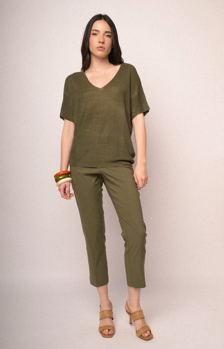 Pull a mezze maniche in maglia lurex verde oliva