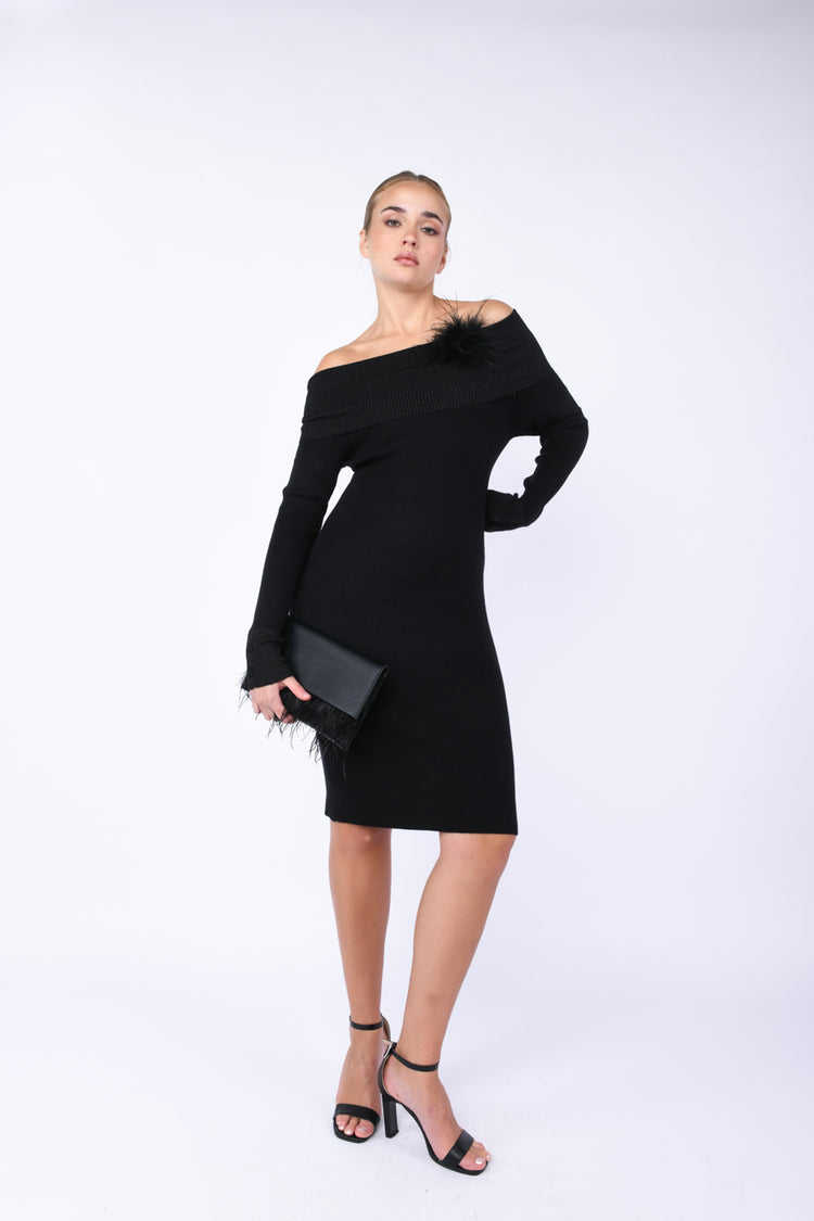 Mini abito in maglia con spilla a piume