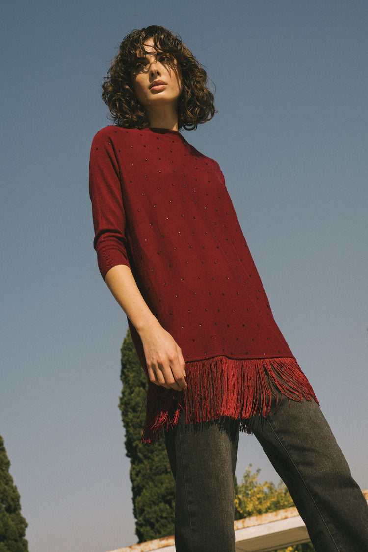 Maxi pull con strass e frange