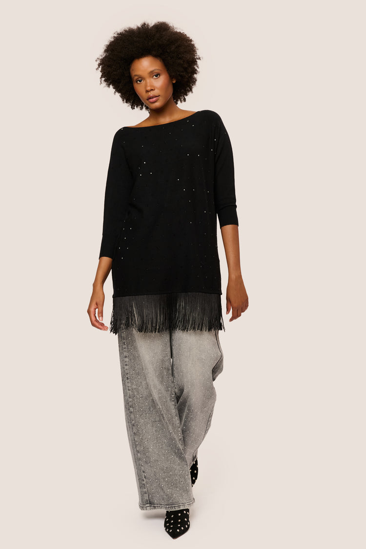 Maxi pull con strass e frange