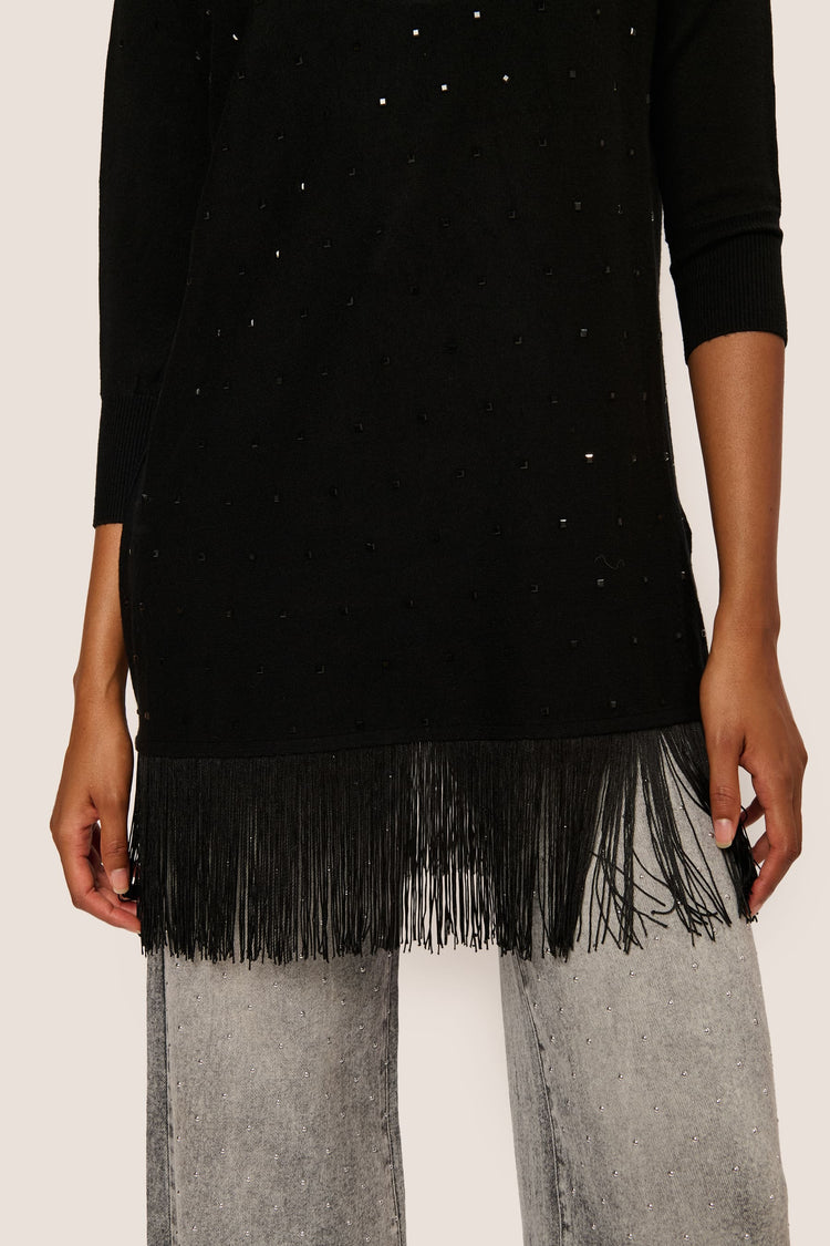 Maxi pull con strass e frange