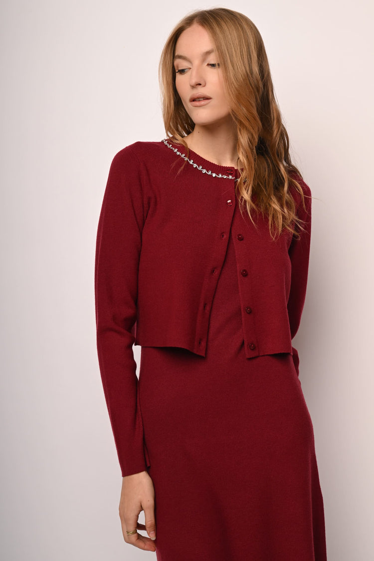 Cardigan con scollo profilato in strass