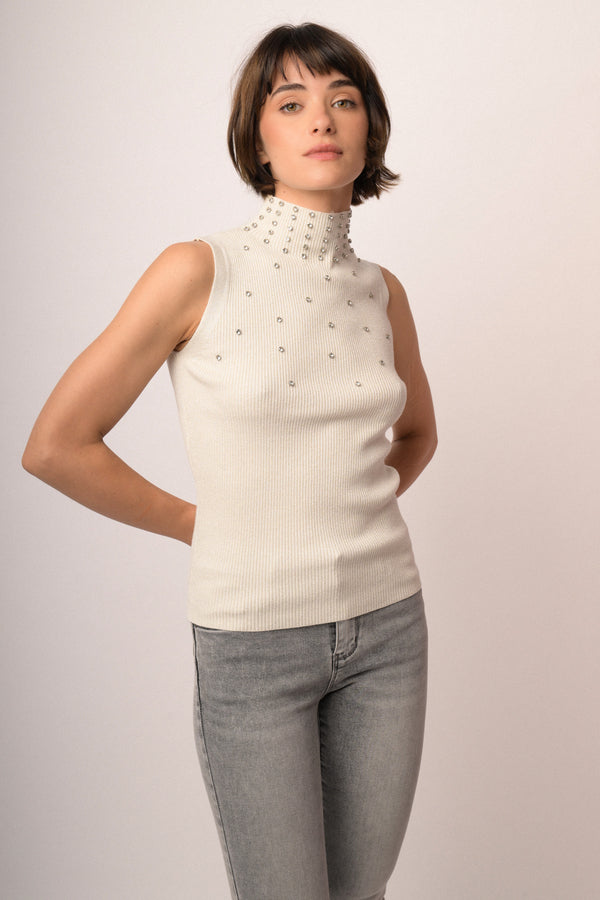 Maglia smanicata con strass lurex
