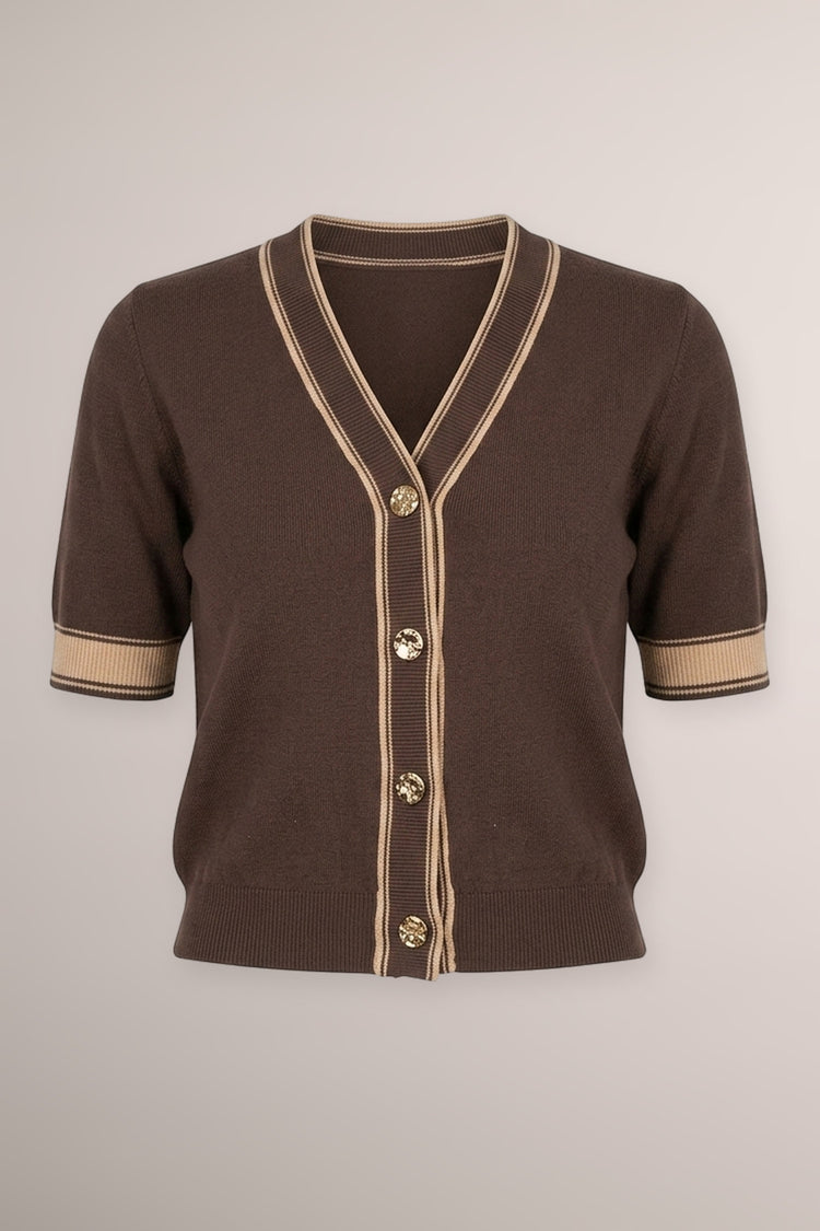 Cardigan in maglia cioccolato con profili a righe