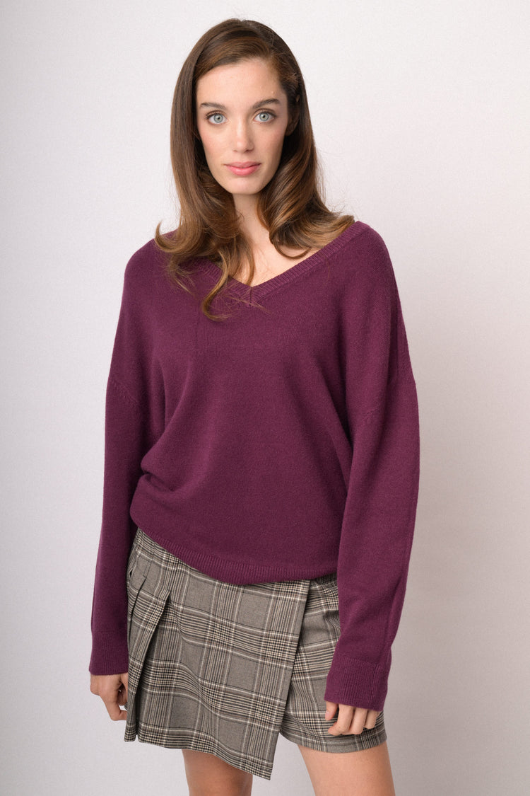 Maglia over con scollo a V bordeaux