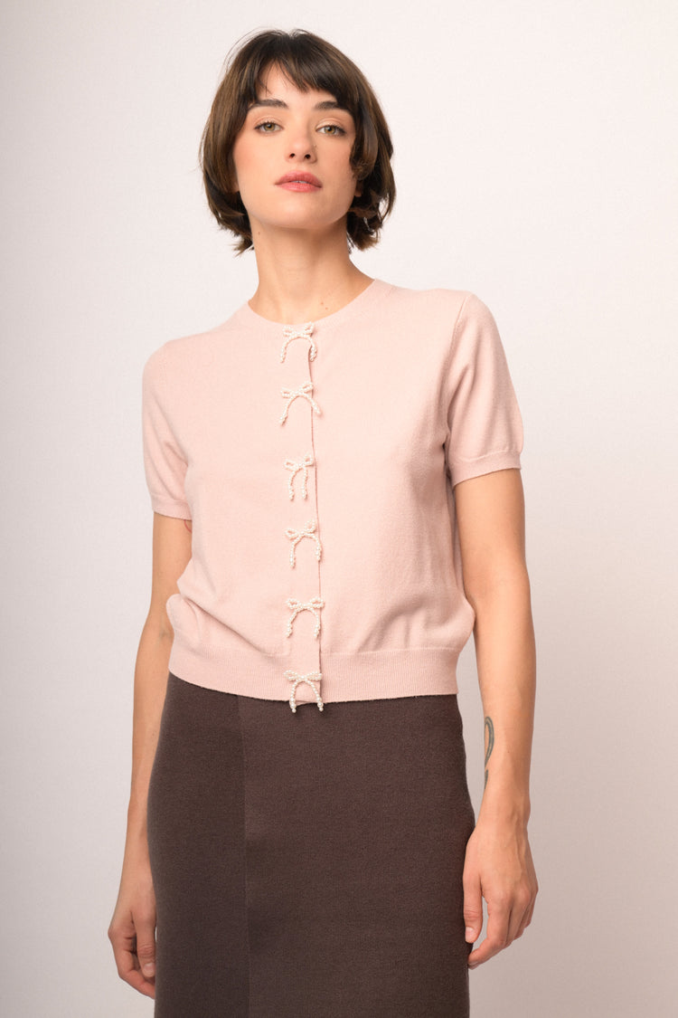 Cardigan rosa a maniche corte con fiocchi di perline