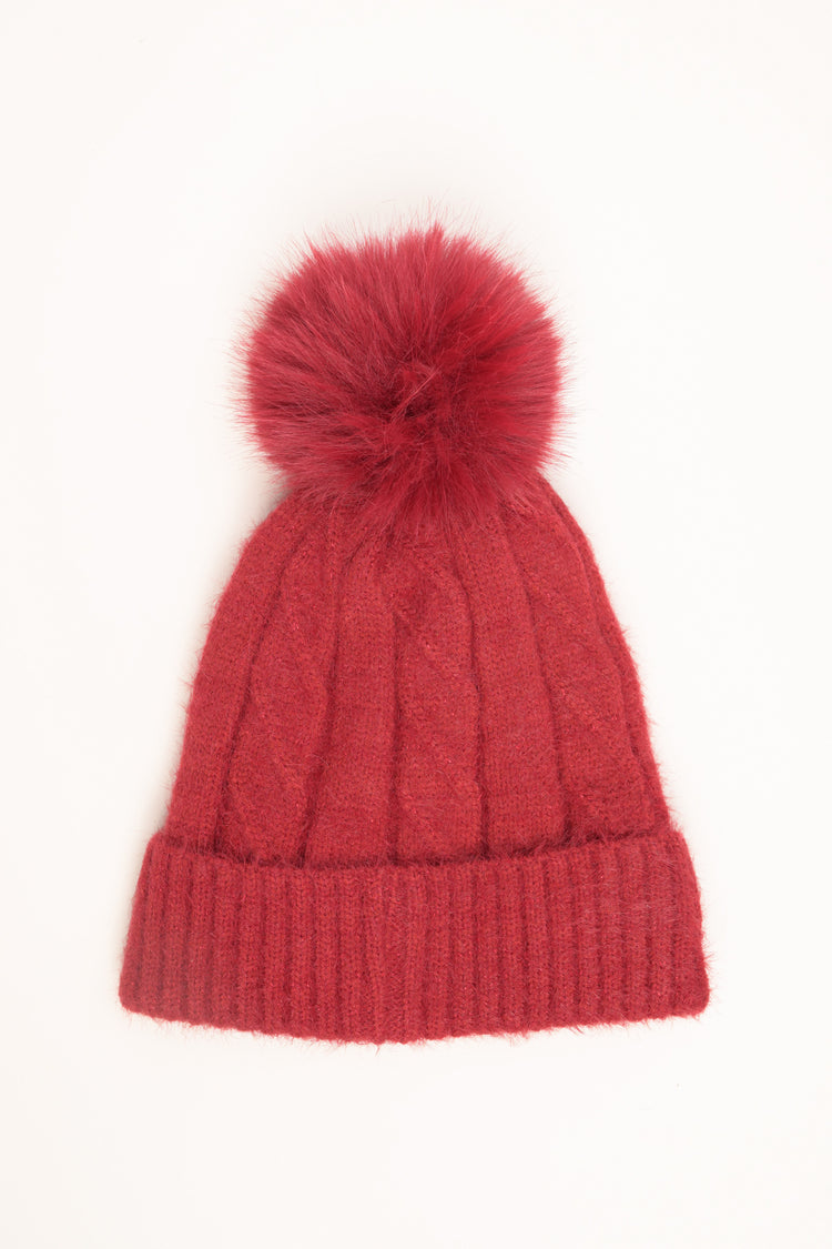 Cappello con trecce e pon pon bordeaux