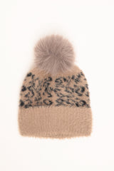 Cappello animalier con pon pon beige-nero