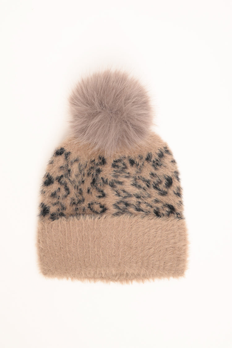 Cappello animalier con pon pon beige-nero