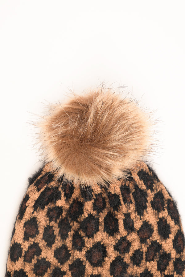 Cappello animalier con pon pon cammello-nero