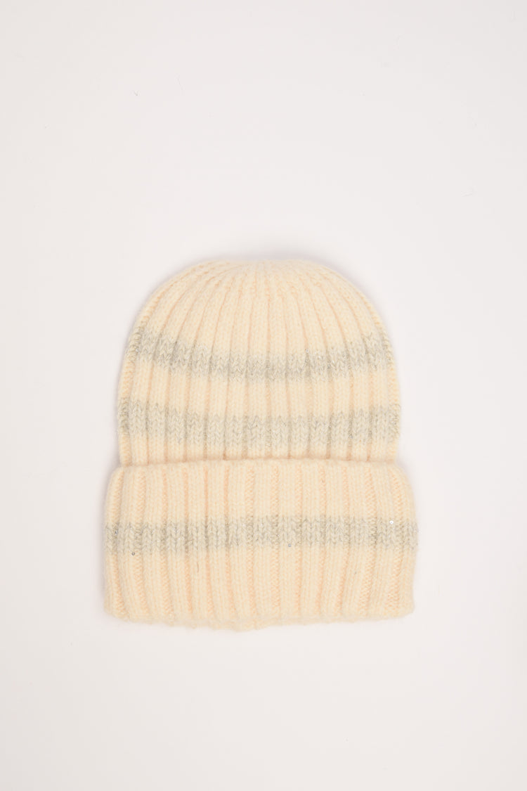 Cappello a coste con righe avorio-grigio