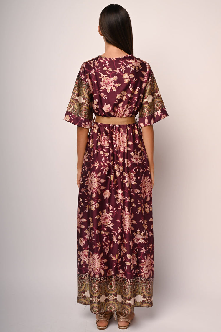 Abito lungo a kimono a stampa etnico-floreale