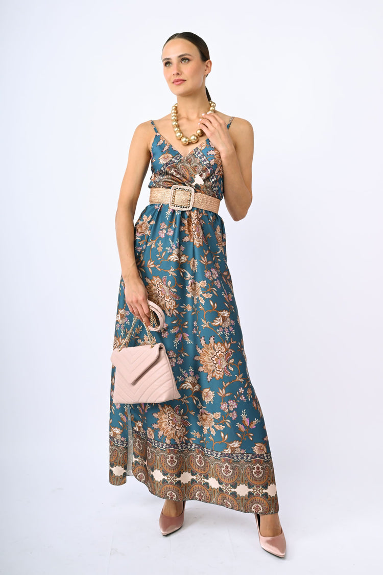 Abito lungo in raso a stampa etnica – Nunalie