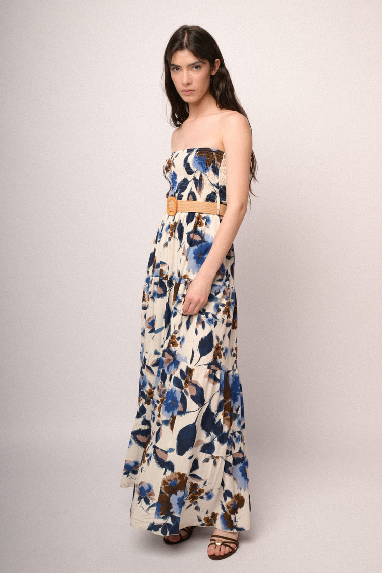 Abito lungo a punto smock con stampa floreale multicolor