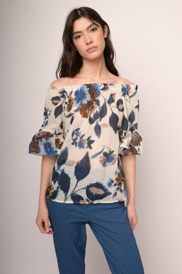 Blusa a spalle scoperte con stampa floreale multicolor