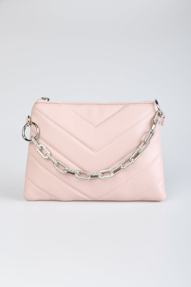 Clutch trapuntata con catena in strass