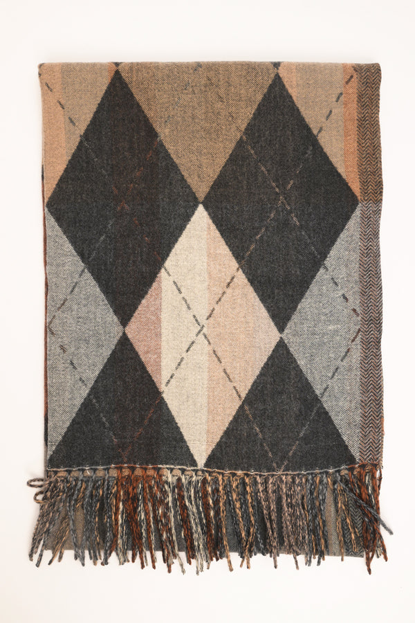 Sciarpa a rombi con frange nera-beige-grigia