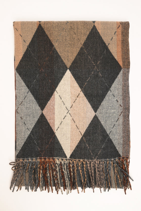Sciarpa a rombi con frange nera-beige-grigia
