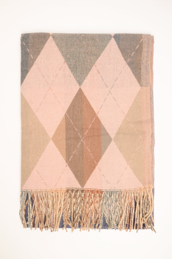 Sciarpa a rombi con frange rosa-beige-grigia