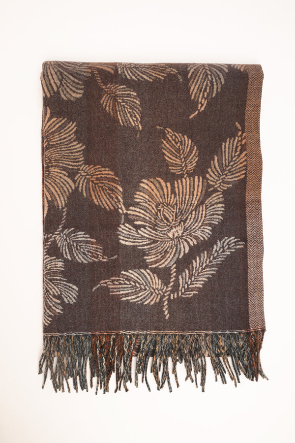 Sciarpa floreale con frange marrone-cammello